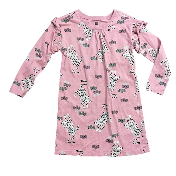 Tea Collection Other - Tea Collection Leopard Print Dress Girl's 6 Pink‎ Knit Cotton Long Sleeves FLAW